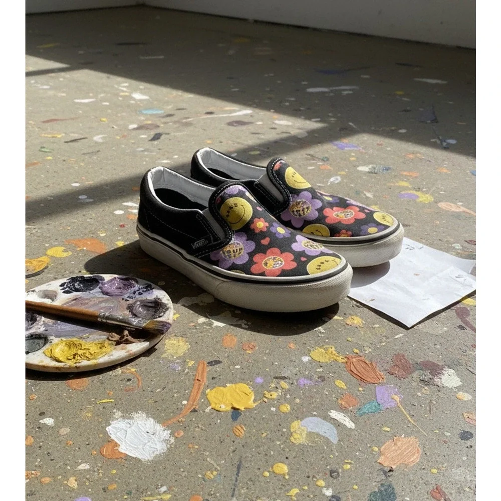 Vans Classic Slip-On Kids US 12 Multicolor Smiley Flower Hey You're
